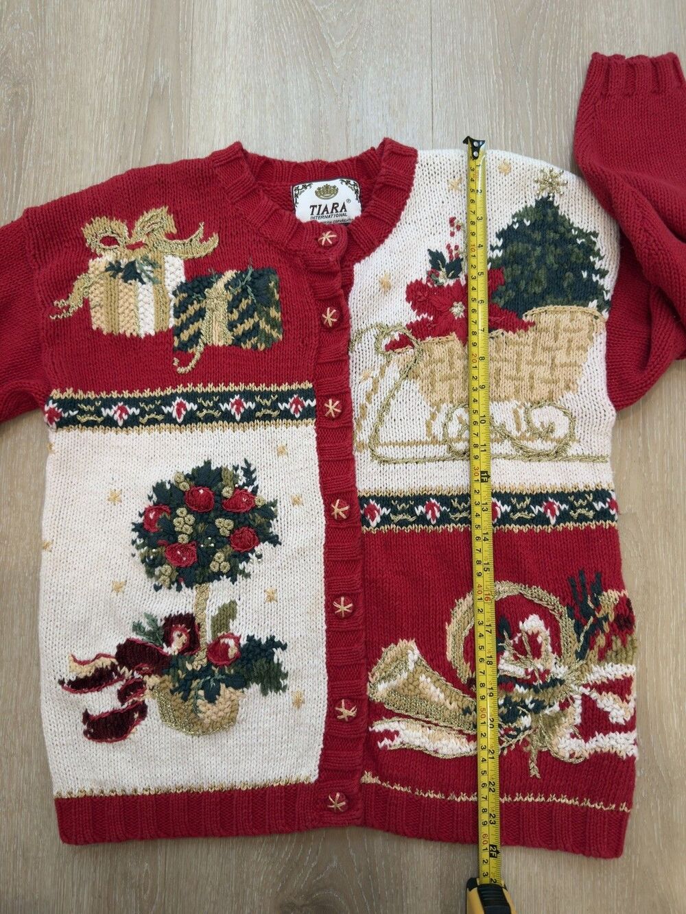VTG Y2K Tiara International Christmas Cardigan Ugly Grandma Sweater S Patchwork - Picture 7 of 15